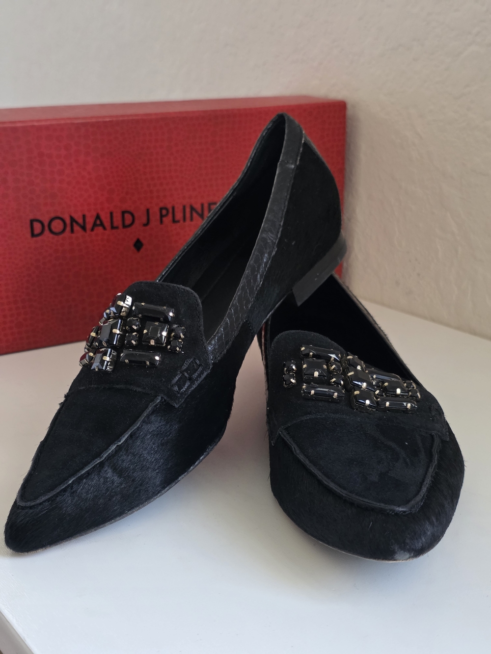 Donald J. Pliner Black Embellished Pointed Toe Loafers Leather Haircalf Size 7